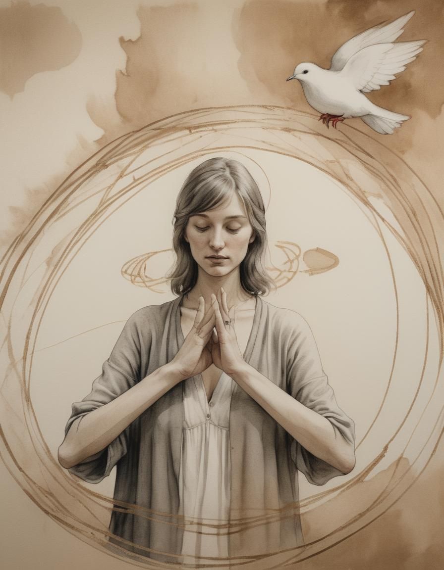 Woman Creates Peace Symbol: Ink and Watercolor Portrait