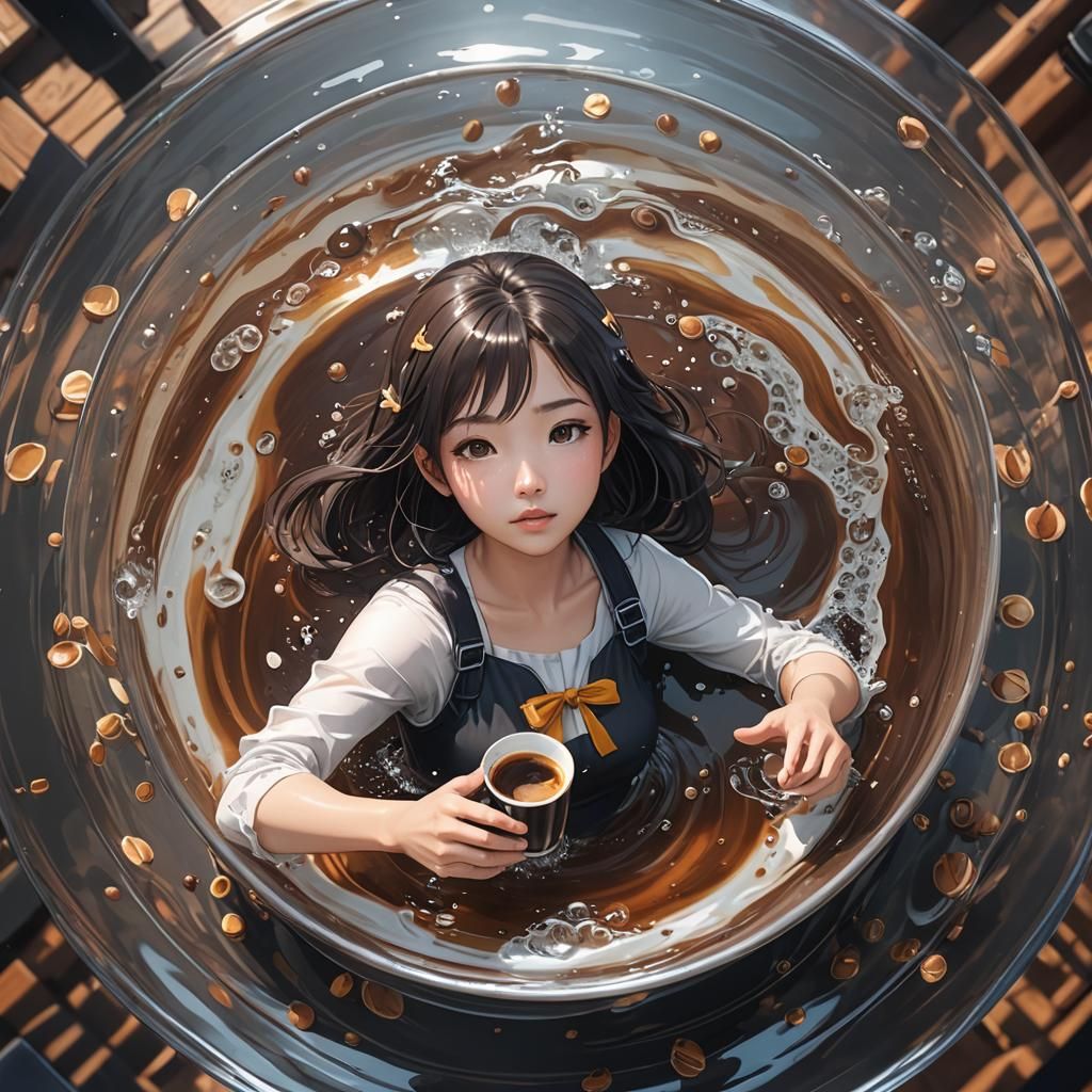 Anime Girl Swims in Coffee Cup: 3D Render