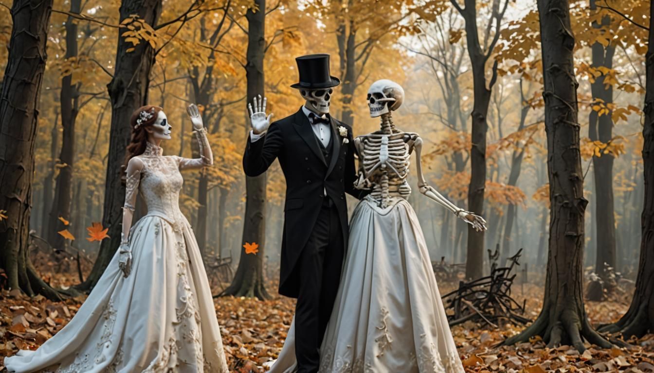 Elegant Skeleton Salutes Ghostly Lady in Autumn Forest