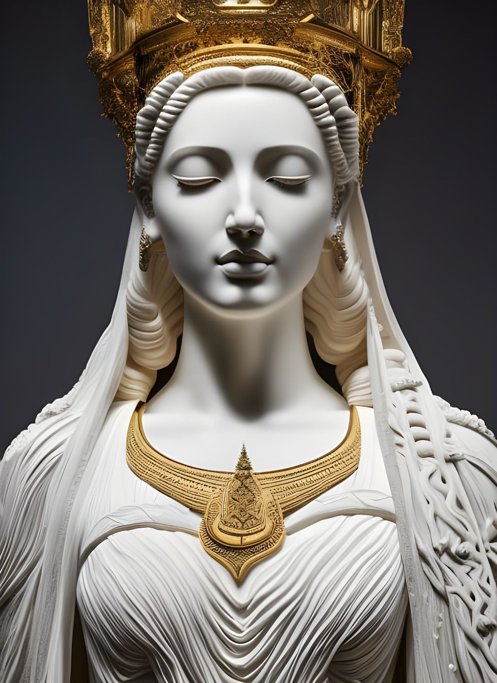 “Intricate photography shot of white stone statue of greek majestic design crowned Woman, the statue is made of white cl...