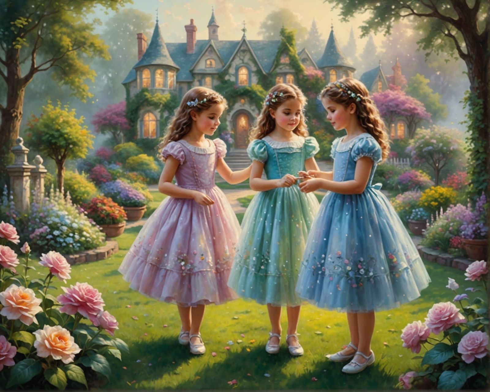 Twin Girls Playing in Garden: Ethereal Oil Painting