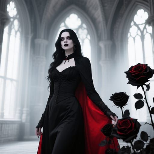 Gothic Castle Scene with Vampire Woman and Black Roses