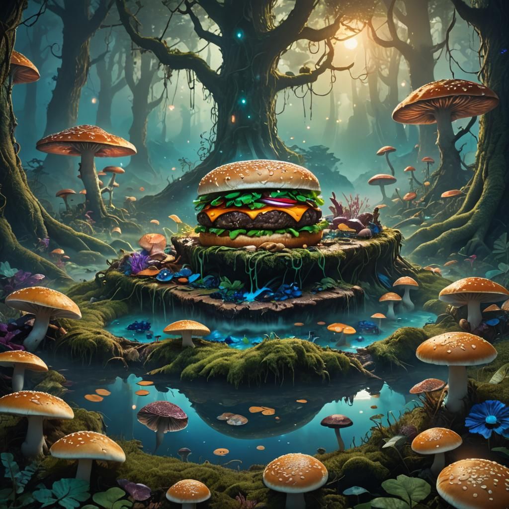Beef Burger in Mushroom Stew: Fantasy Concept Art