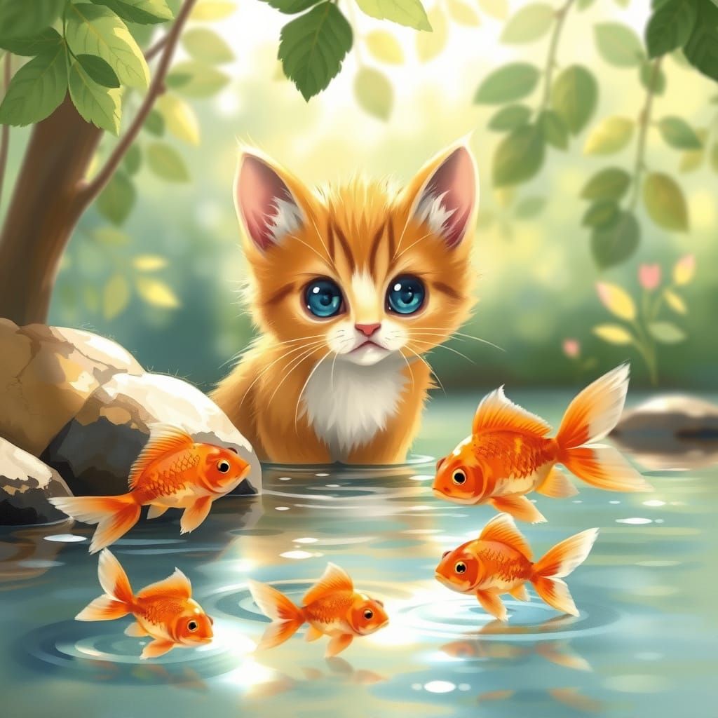 Cute Kitten Watches Fish in Sunlit Stream, Painterly Style