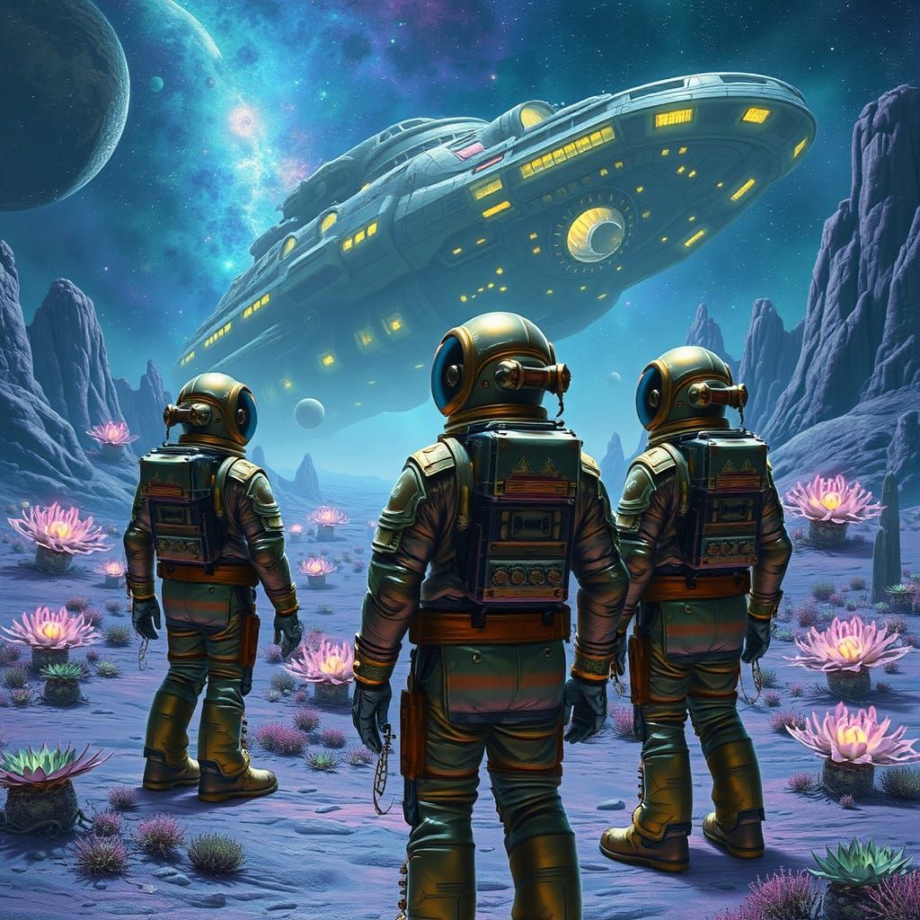 Steampunk Astronauts on Alien Planet in Cosmic Landscape