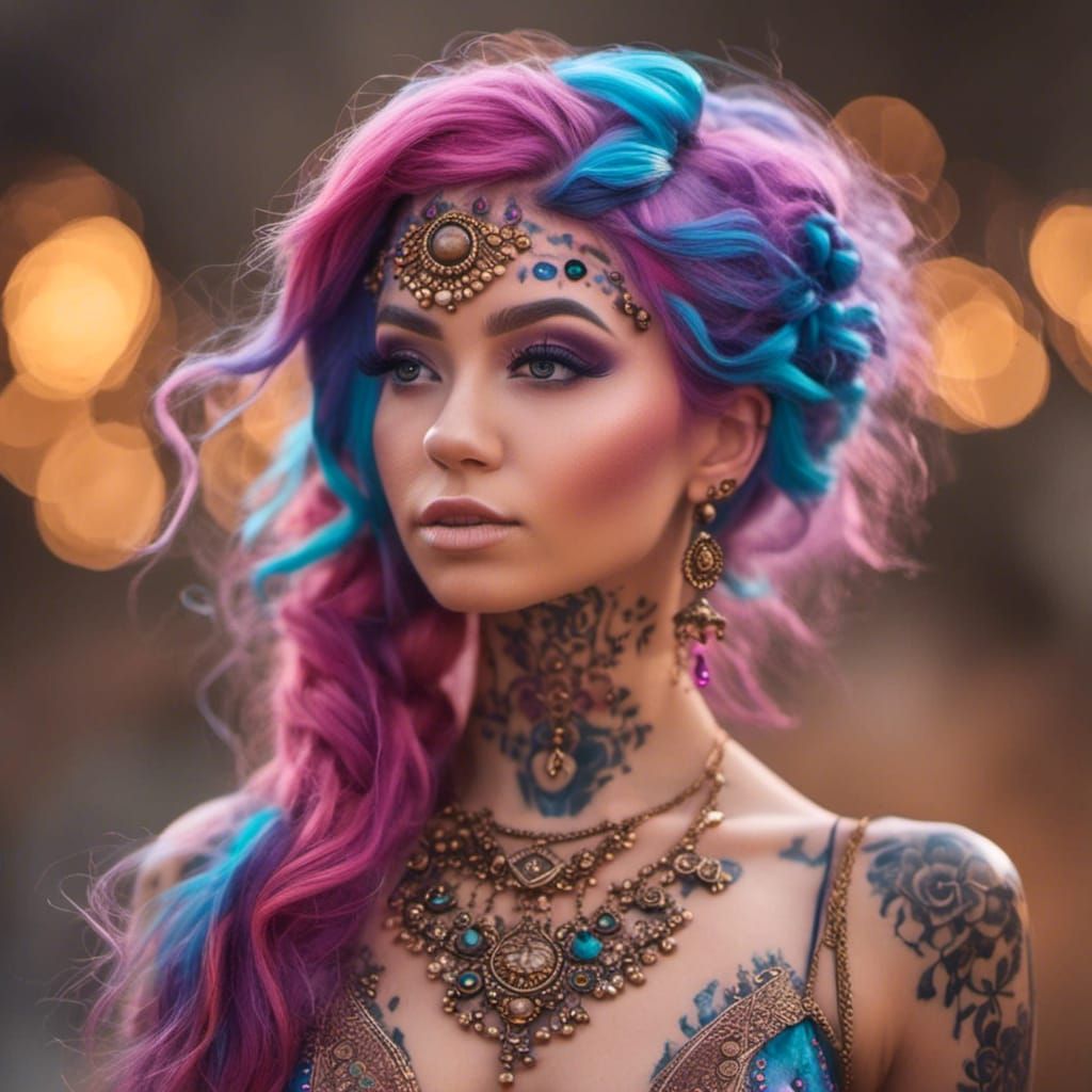Woman with Pink Hair and Henna Tattoos