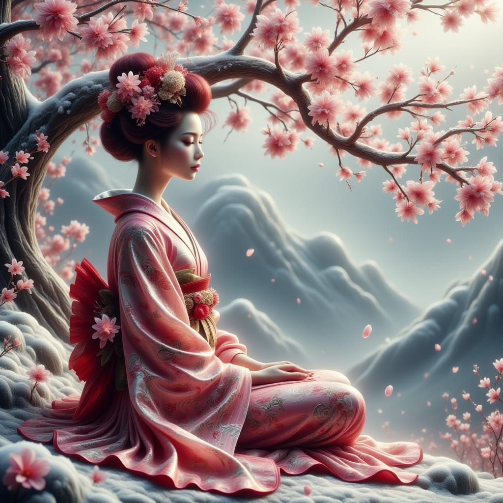 Whimsical Geisha in Dreamy Cherry Blossom Paradise
