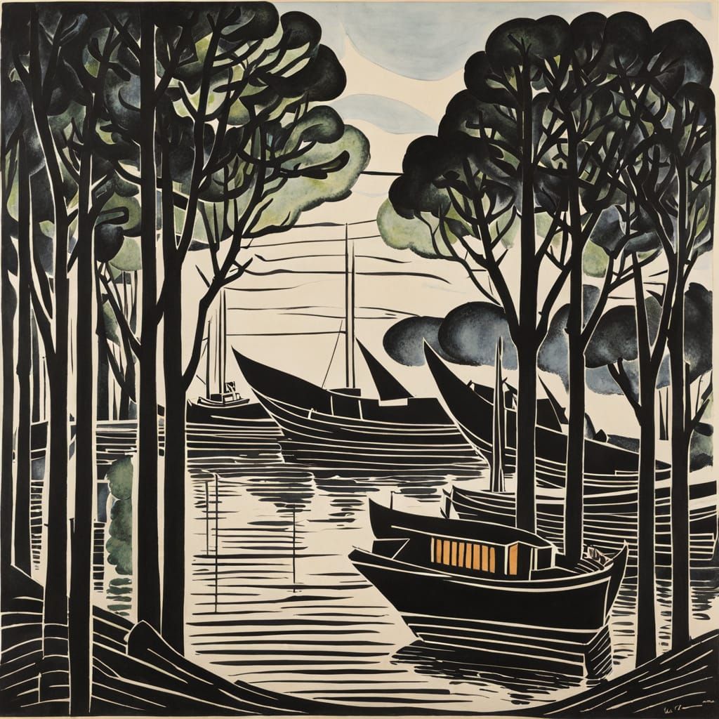 Woodcut of boats and trees