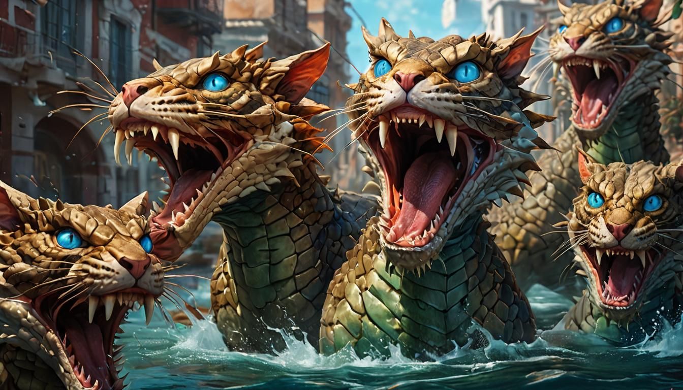 Hyperrealistic Cat-Headed Hydra Concept Art
