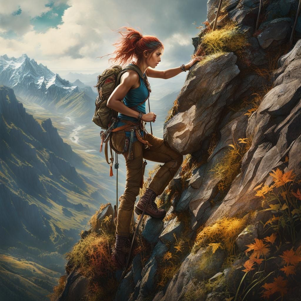 Empowered Girl Climbing Mountain, Detailed Artistic Image