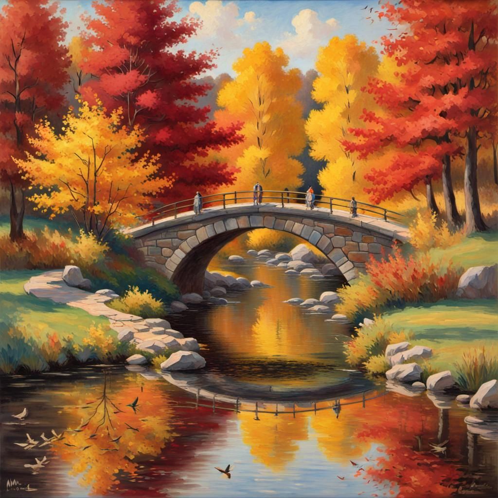 Charming Stone Bridge in Autumn, Impressionistic Style