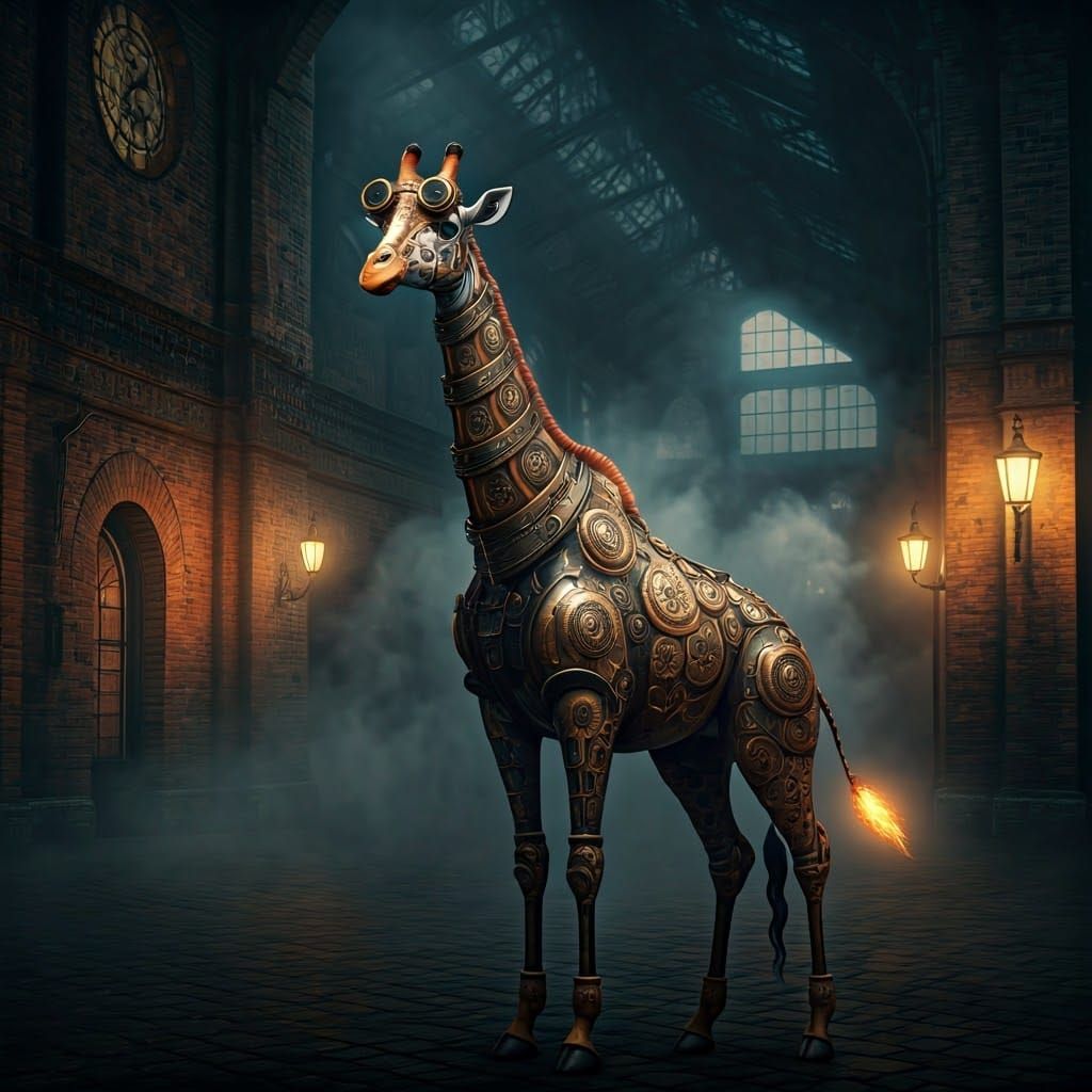 Steampunk Giraffe in Victorian Industrial Setting