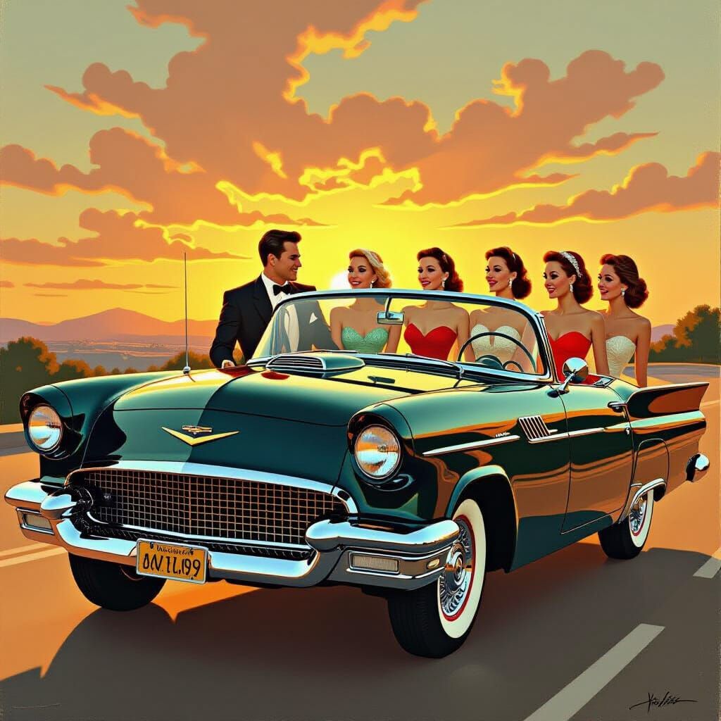 Wealthy 1950s Man With Six Women At Sunset
