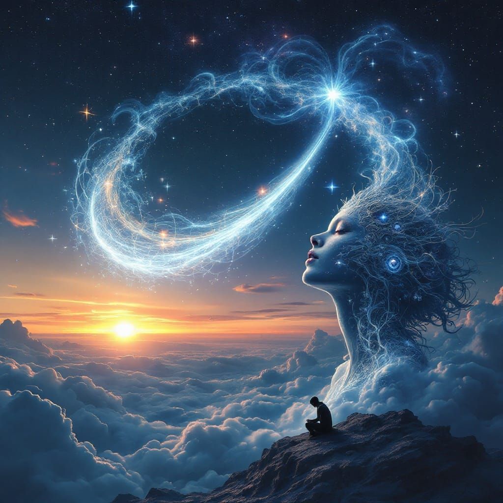 Radiant Being Rides Comet's Luminous Tail in Cosmic Expanse