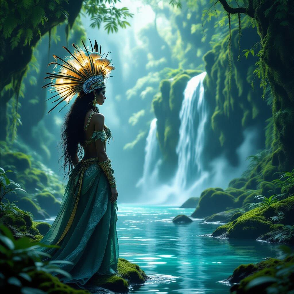 Regal Woman with Bioluminescent Mushroom Headdress