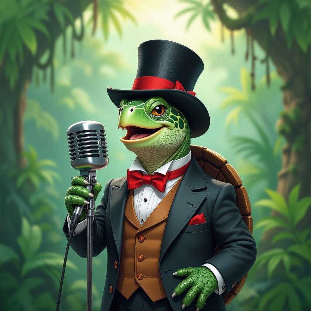 Turtle Crooner in Jungle, Whimsical Art