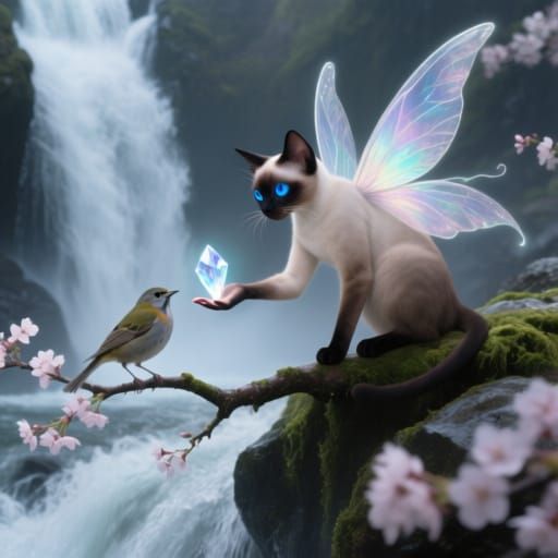 Siamese Cat Fairy Offers Crystal by Waterfall