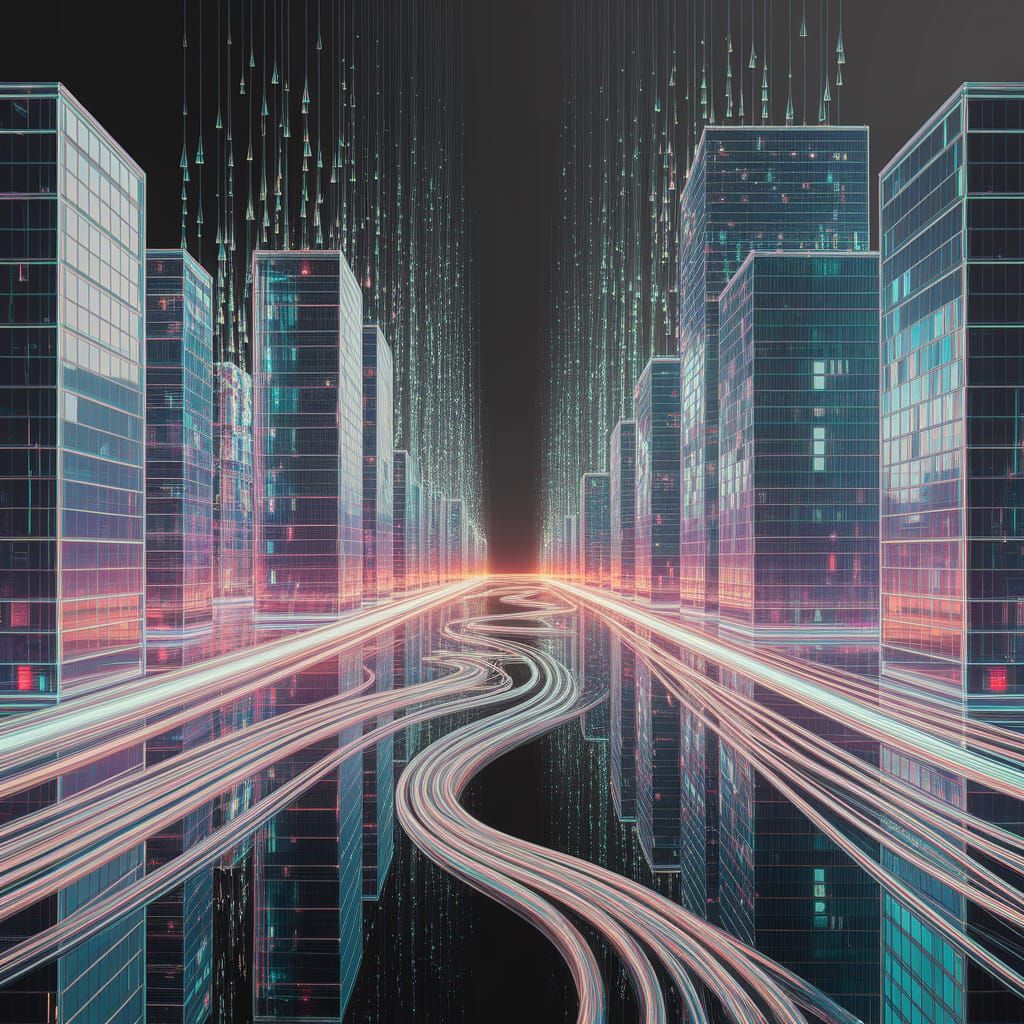 Surreal Iridescent Glass Cityscape with Flowing Rain