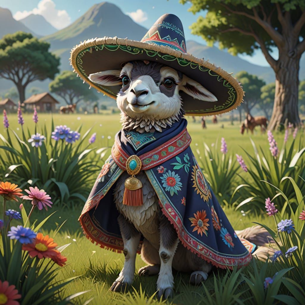 Enchanted Llama with Sombrero in Lush Field