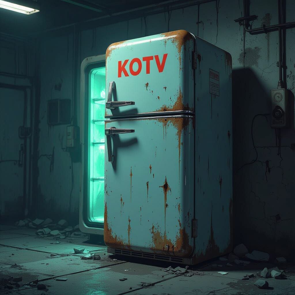 Rusty Refrigerator with KOTV in Dimly Lit Room