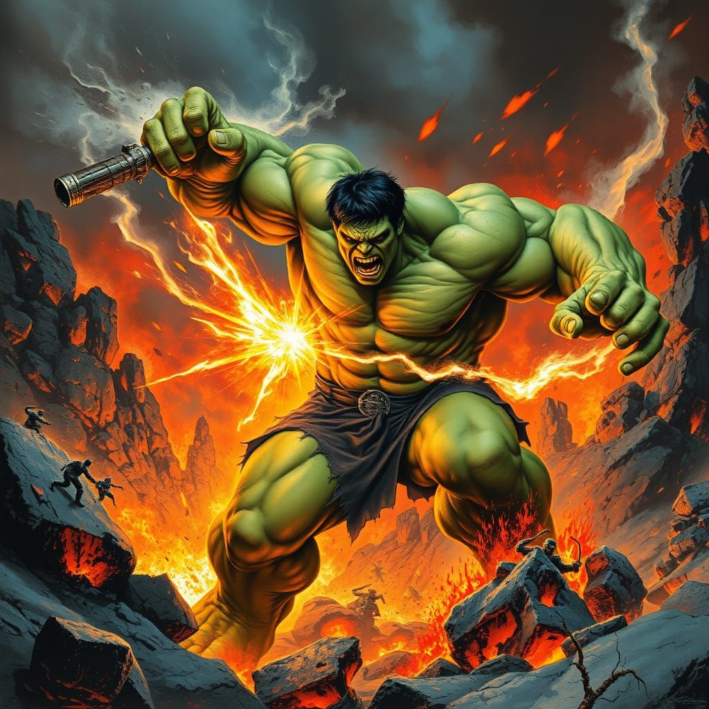 Hulk Battles Polyphemus in Lava Field: Epic Fantasy Art