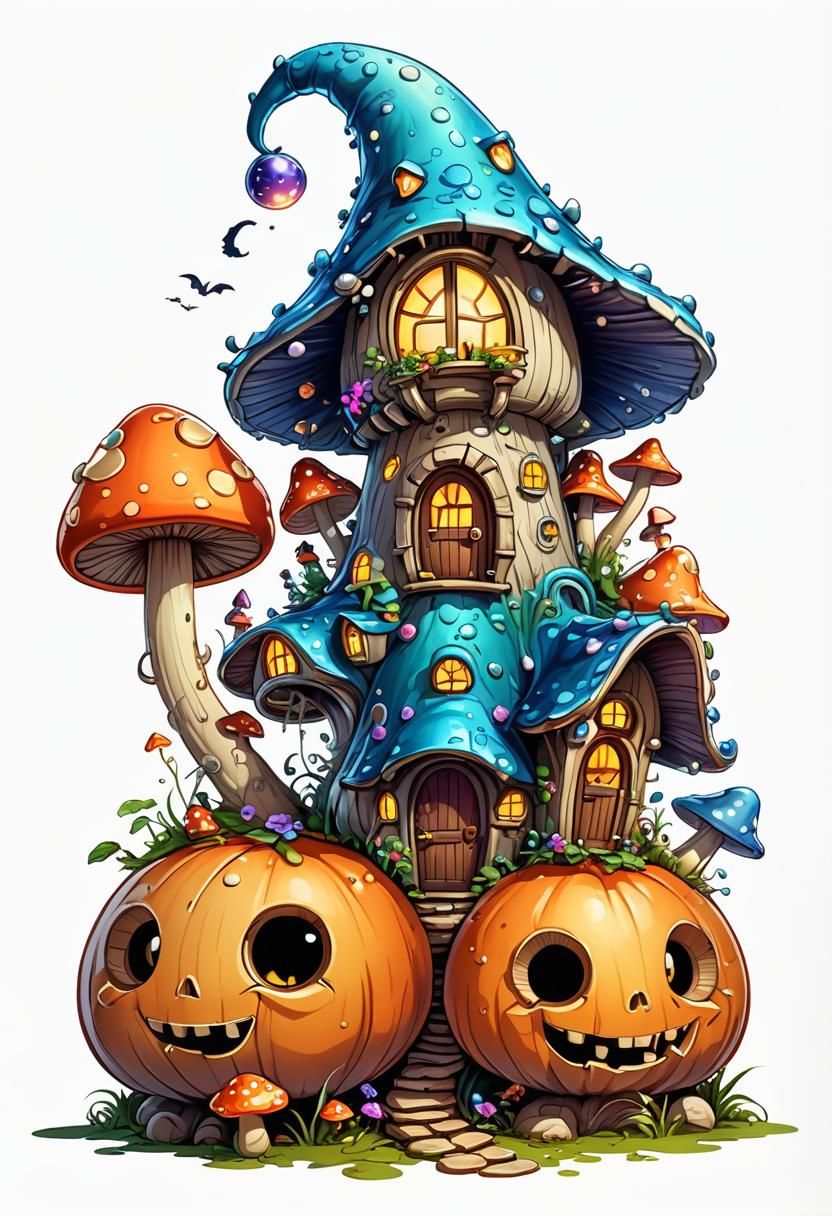 Enchanted Halloween Fairy Mushroom House in Cartoon Style