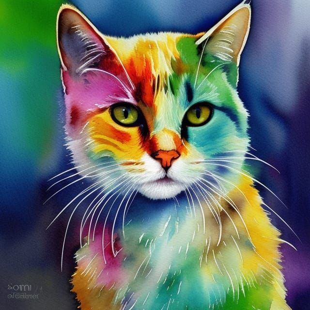 Vibrant Watercolour Cat Art with Intricate Details
