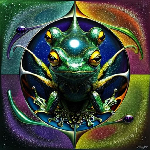 A liquid mercury frog, magic psychedelic masterpiece surreal...