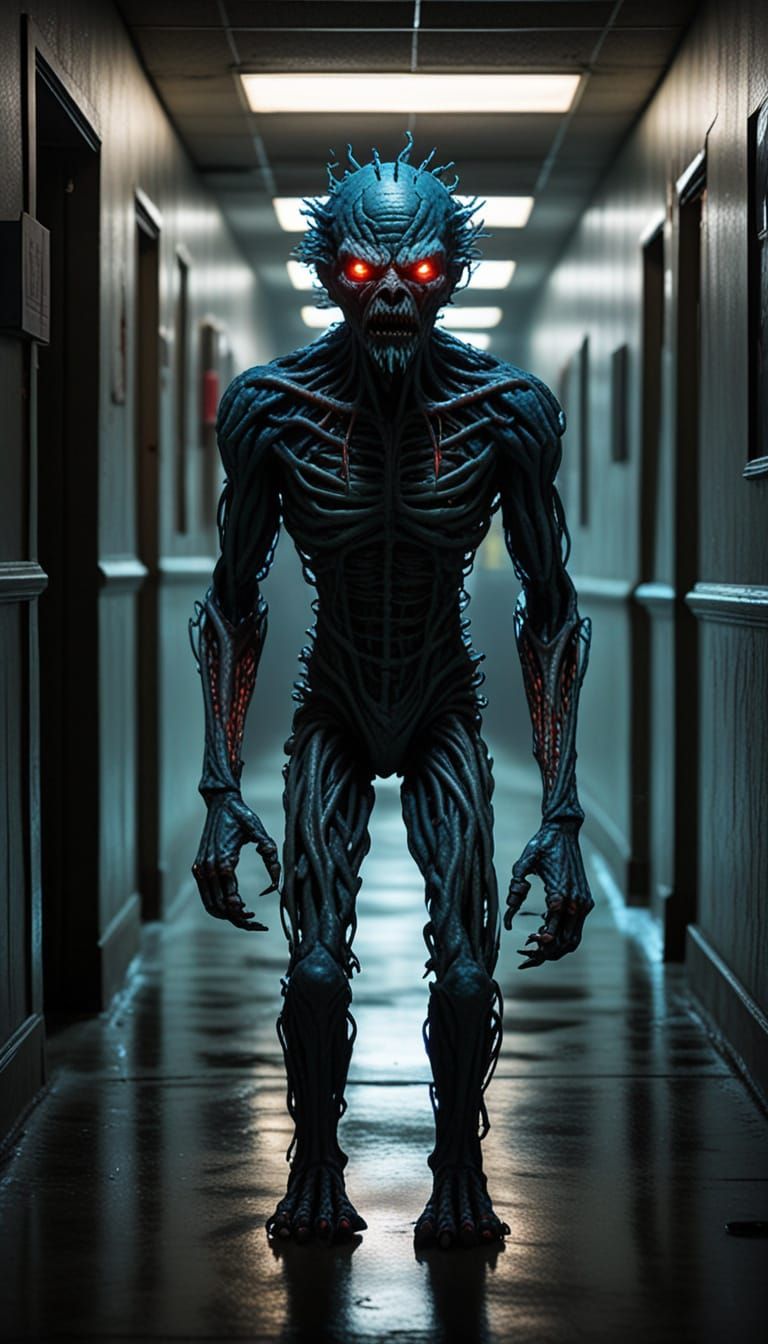 Terrifying Monster in High School Horror Scene