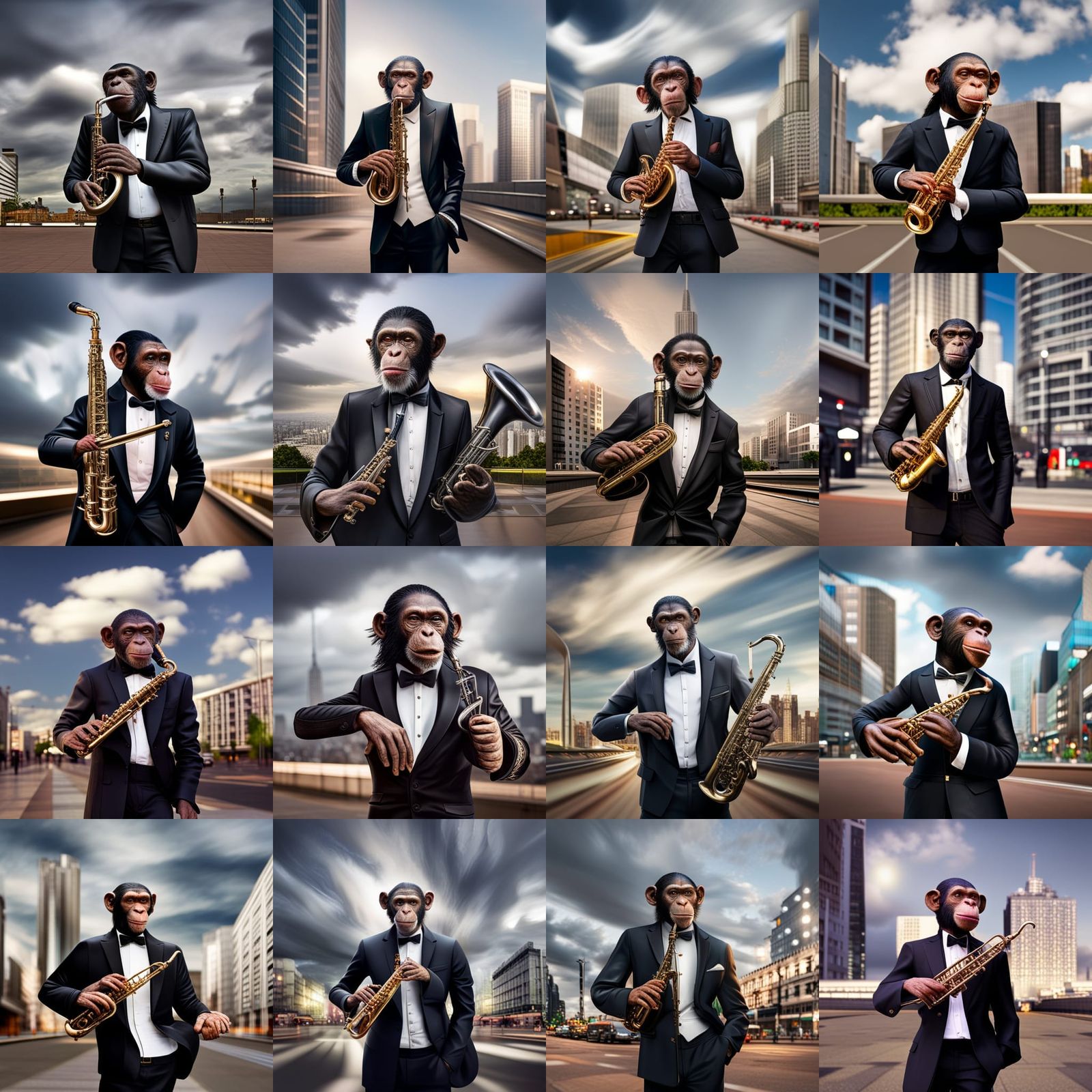 Chimpanzee Saxophonist in Cityscape, Hyperrealistic Style
