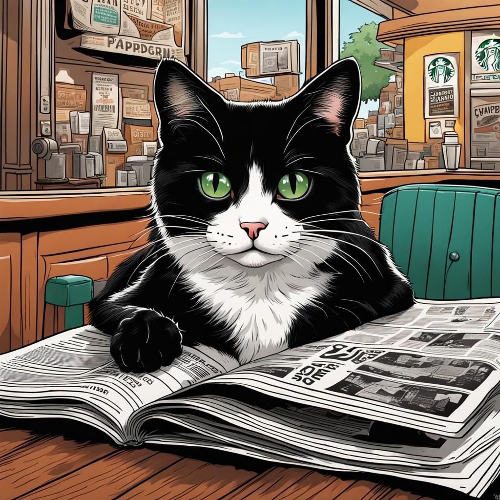 Cartoon Cat Reads Newspaper at Starbucks