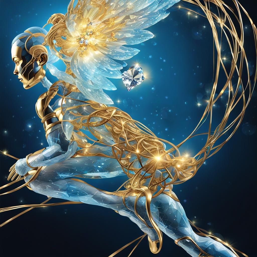 Surreal Blueberry Heart with Golden Wings, Detailed Art