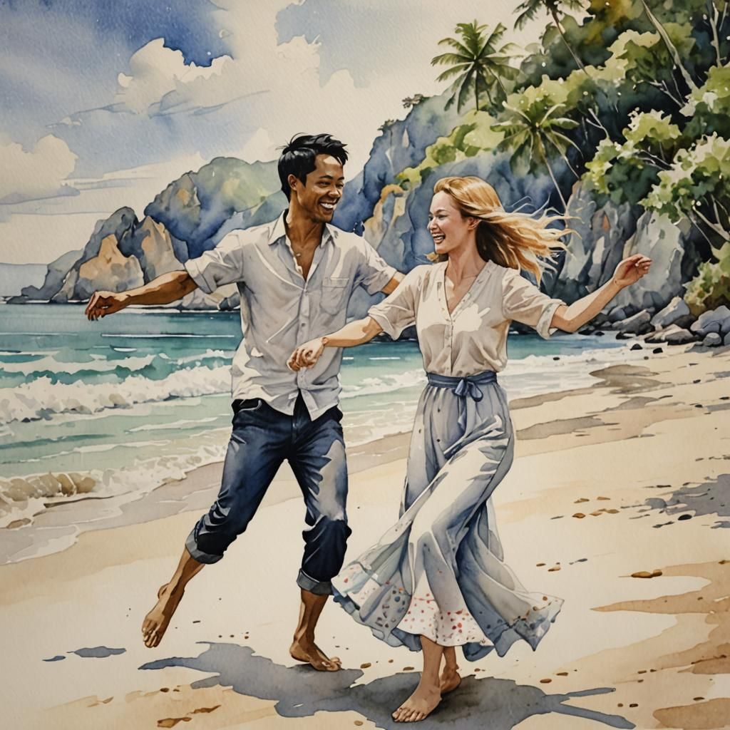Couple Dancing on Beach in Watercolour Style