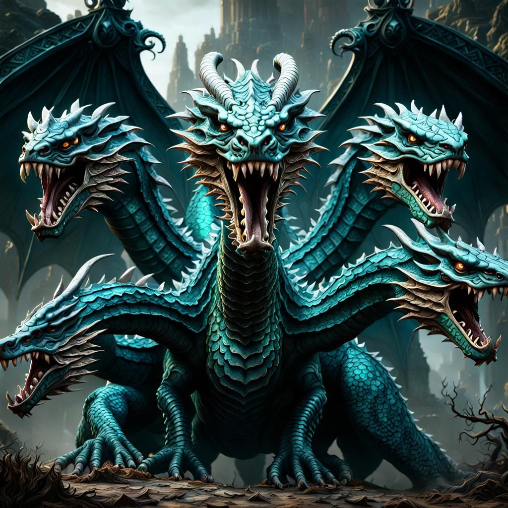 Four-Headed Hydra Roaring Defiantly at Knight