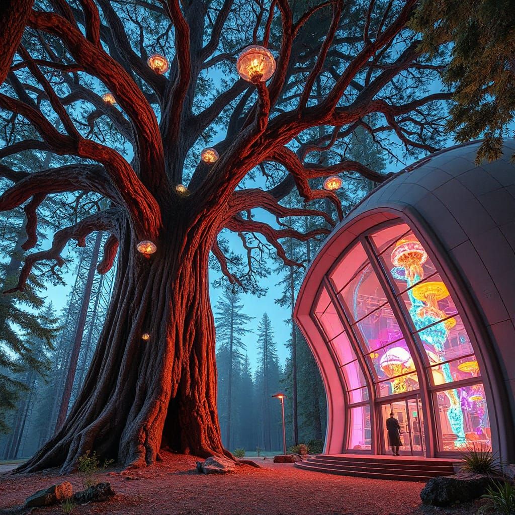 Bioluminescent Sequoia Meets Futuristic Lab