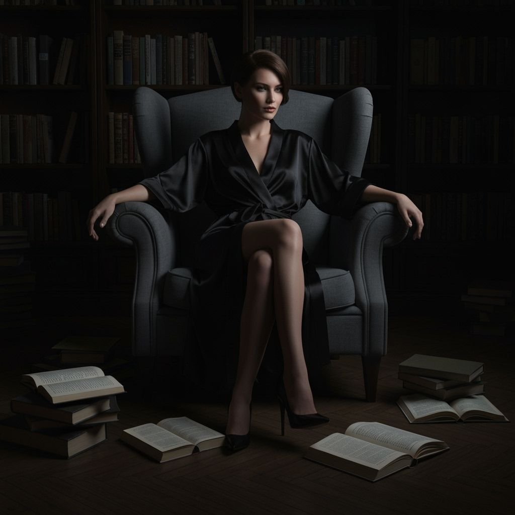 Woman in Library, Chiaroscuro Lighting, Film Noir Style