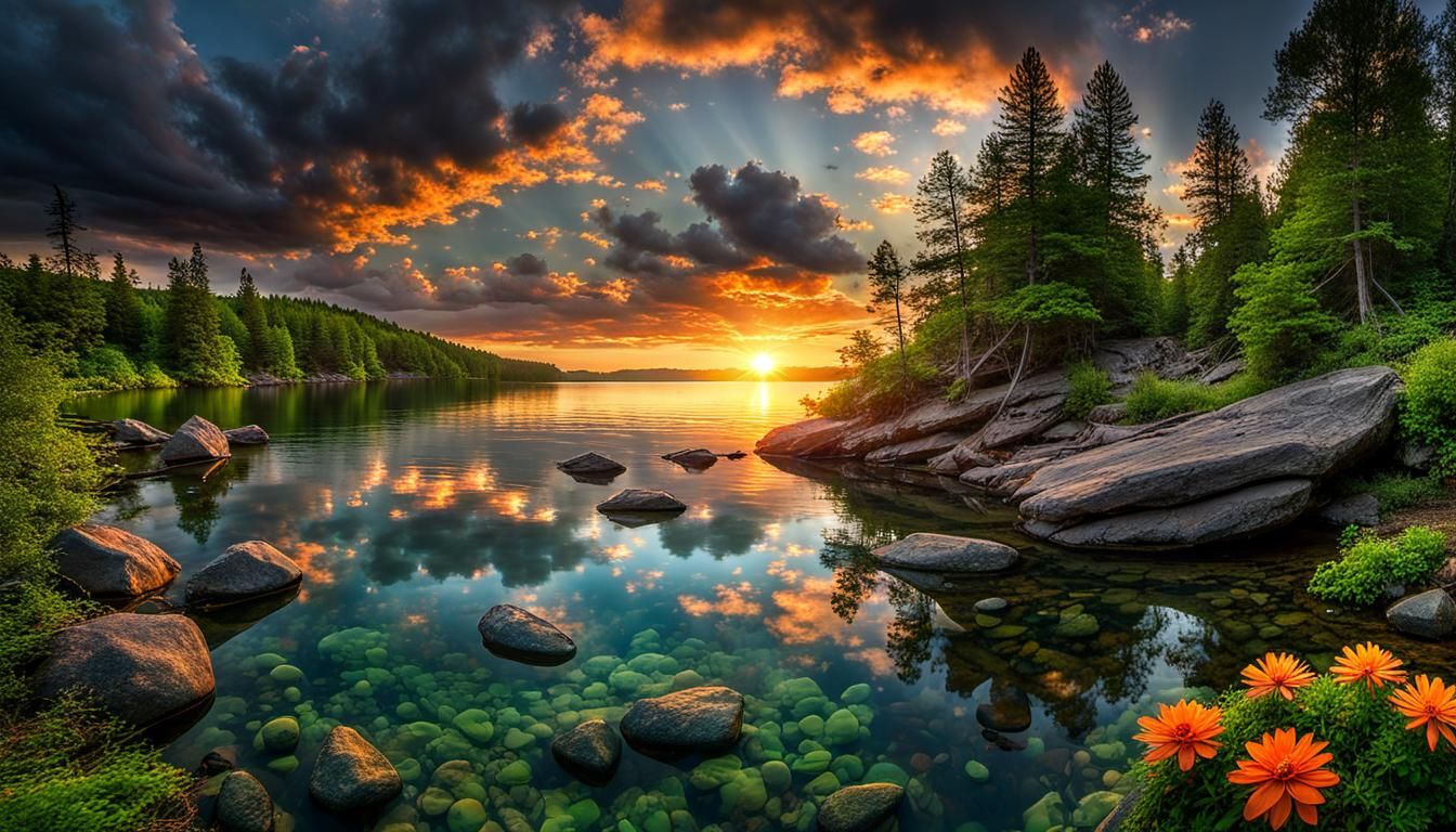 Majestic Sunset Reflection in Crystal Clear Water