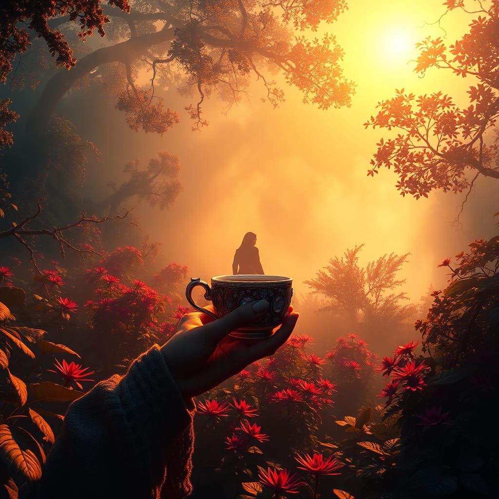 Gemstone Coffee Cup in a Surreal Morning Landscape