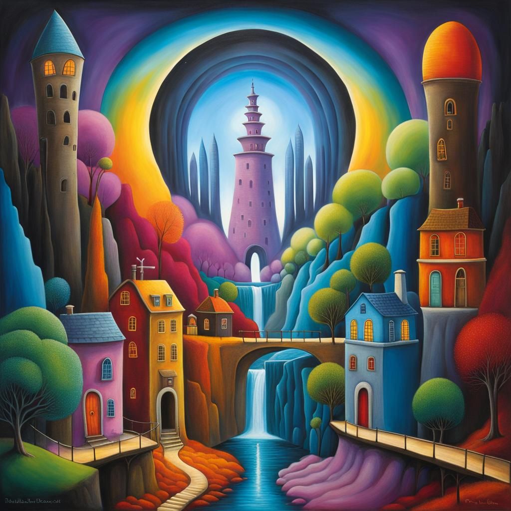 Surreal Landscape with Magical Portals in Art Brut Style