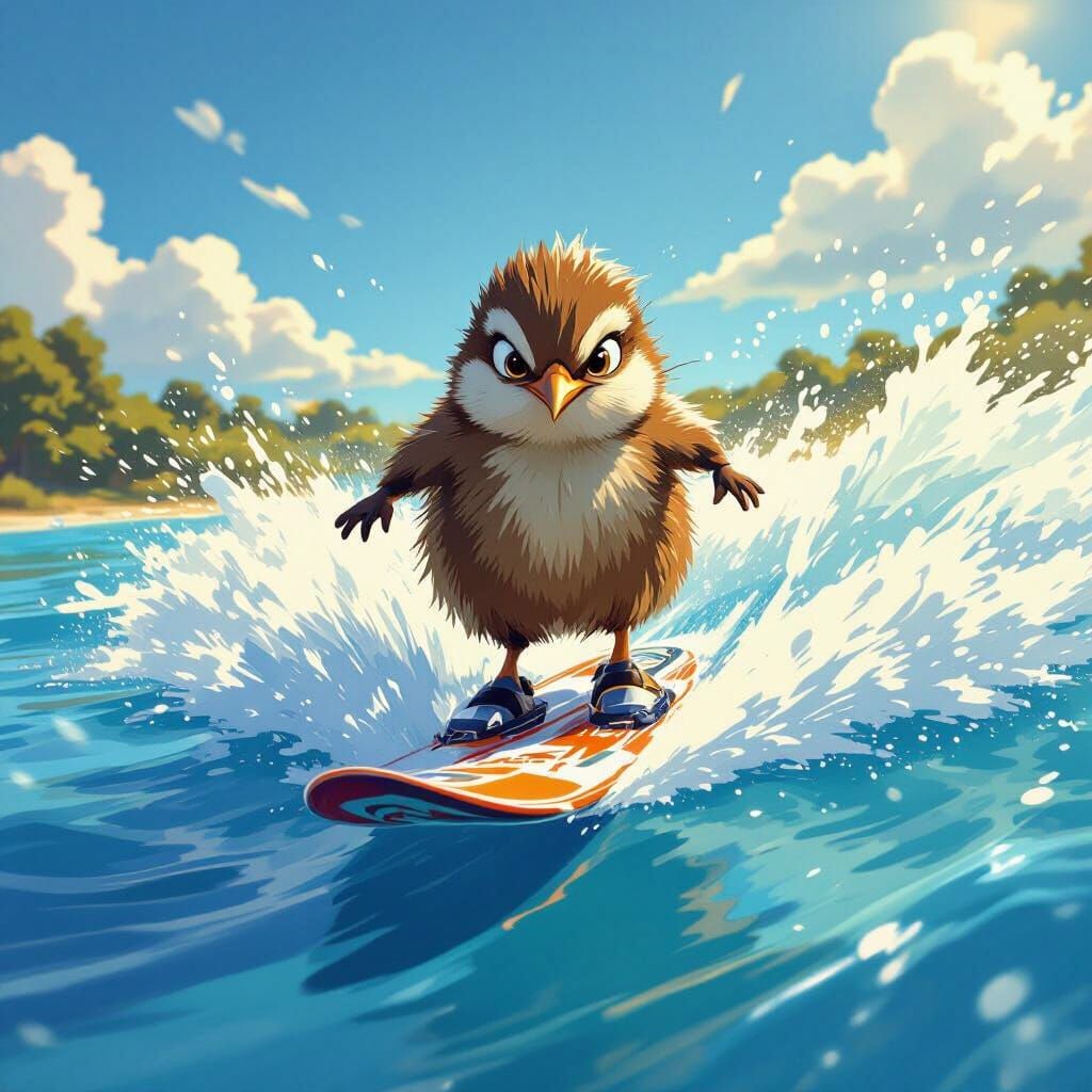 Kiwi Bird Water Skiing on Bright Lake