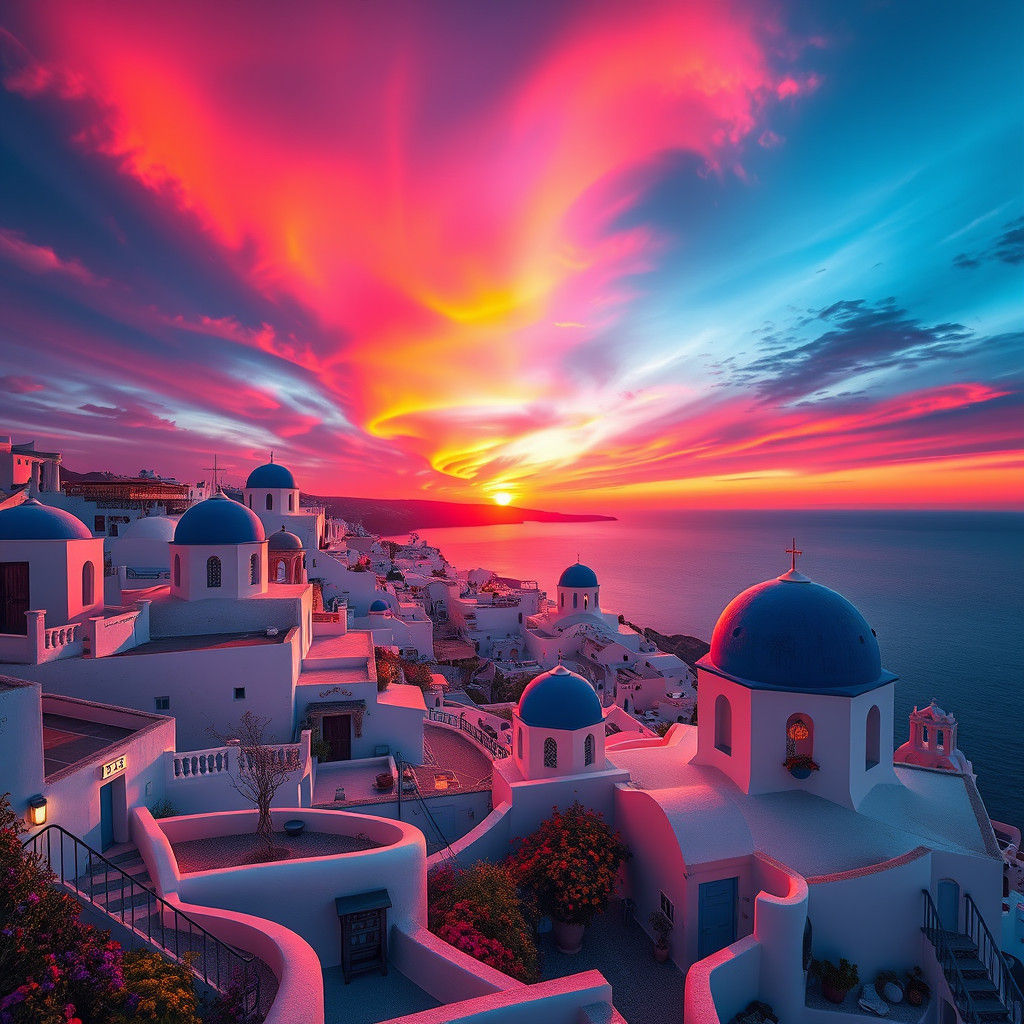 Santorini Sunrise: Dreamlike Matte Painting in Greece