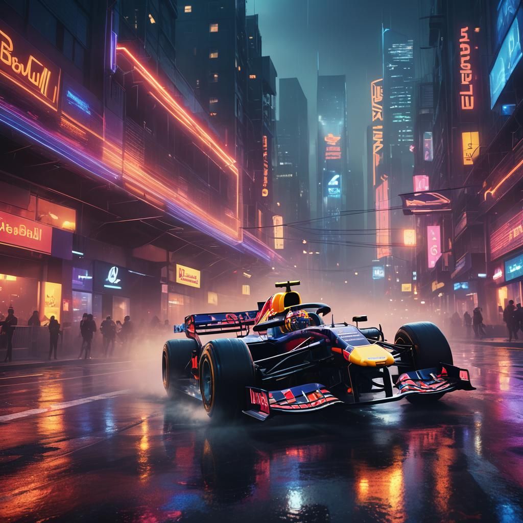 Red Bull F1 Car in Neon Cityscape Concept Art