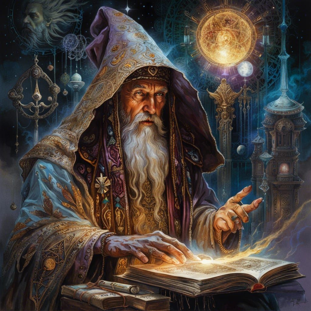 Enigmatic Wizard Conjuring Spells: Digital Painting