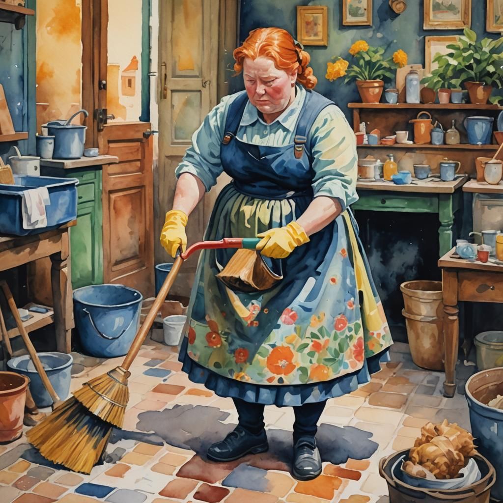 Ginger Cleaning Lady in Gouache Watercolor Style