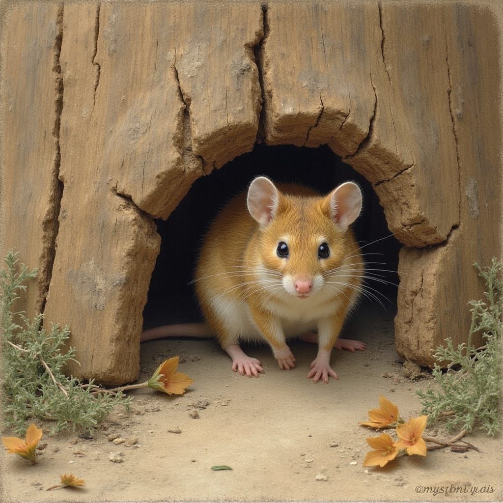 Mouse Peeking from Hole in Beatrix Potter Style