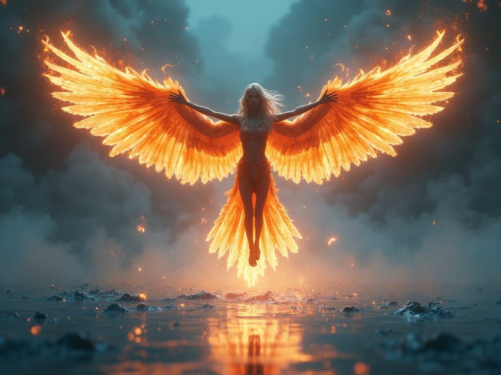 Ethereal Golden Goddess Soars Above Blazing Lake