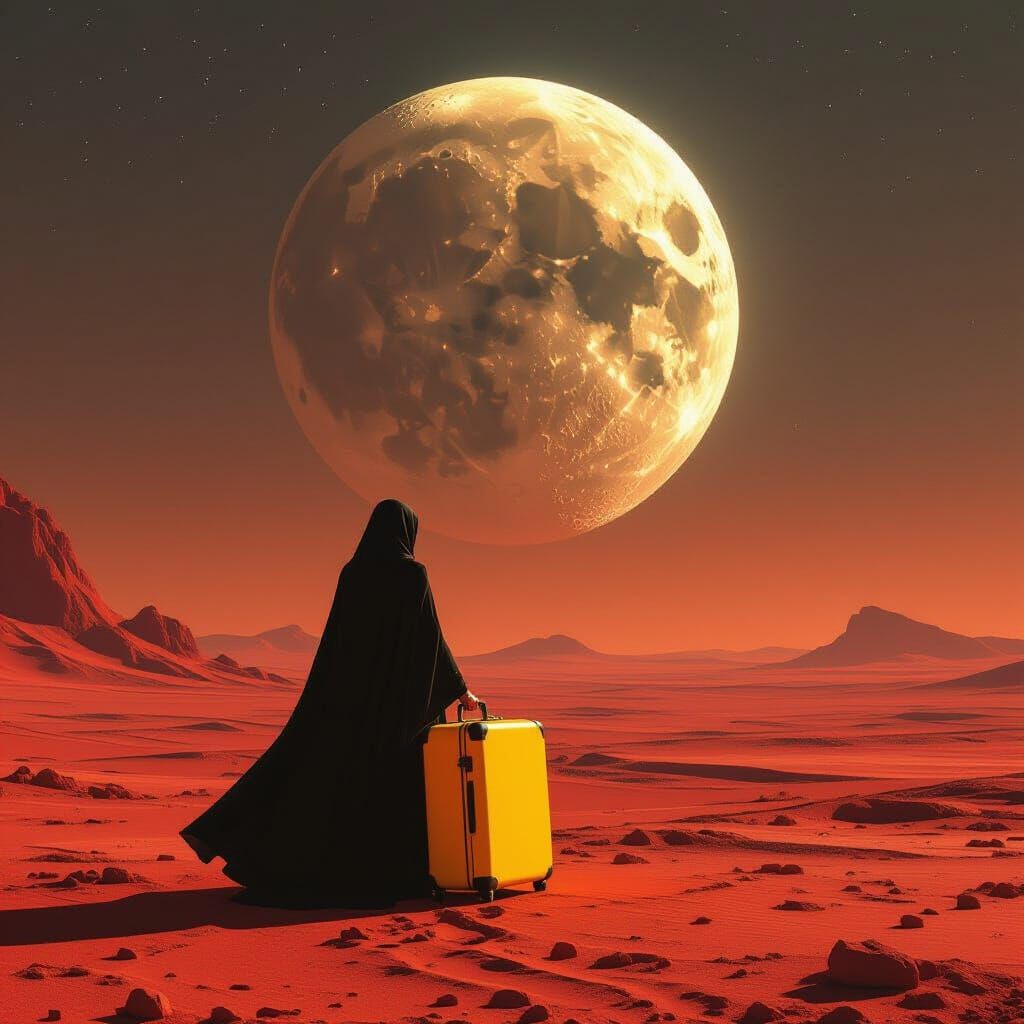 Woman Opens Suitcase on Alien Planet Facing Giant Moon