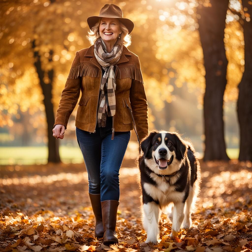 Happy Woman Walking Dog in Autumn Park Photo