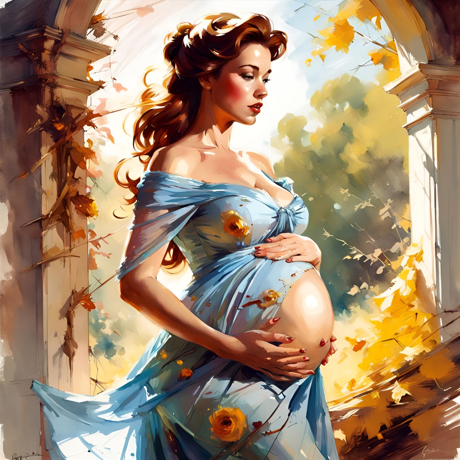 Pregnant Princess Belle Portrait in Pin-Up Style