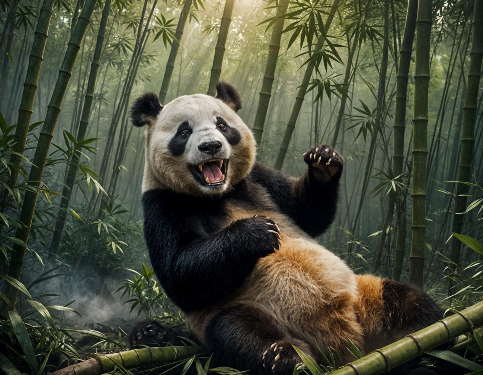 Giant Panda Yawning in Bamboo Forest at Dawn